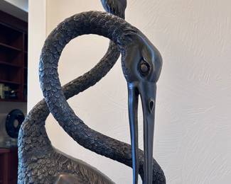 Pair Life Size Bronze Cranes. 70x16x15 inches and 57.5x16x15 inches. Unsigned.