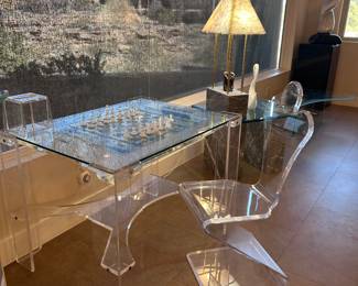 After Charles Hollis Jones. Facited Lucite backgammon table with removable glass top with chess game etched in glass. 41x31x30 inches.  Acrylic/Lucite "Z" Style Chair.