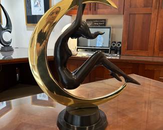 Art Nouveau Style Bronze Two Toned Metal Nude Female in Crescent Moon Sculpture. unsigned. 23 x 20 x 9 inches