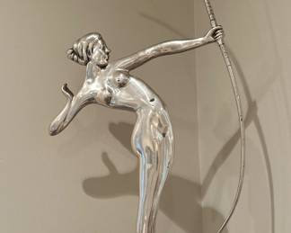 Art Deco Style Silvered Metal Figure of Diana the Huntress on Marble Base. 36x18x0.5 inches. Base is 9 inches 