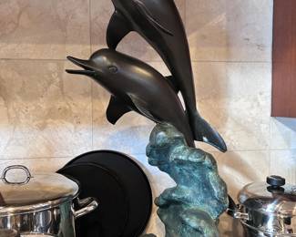 Pair Bronze Dolphins Riding the Waves. Unsigned. 