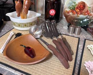 Cutco, Pyrex, and vintage wood.