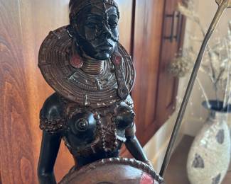 Female African Warrior Bronze Sculpture. Painted. Unsigned. 25x8x6 inches not including the sword.