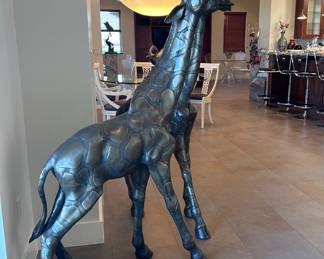 After P. J. Mene (1810-1879), Giraffes, pair, signed, patinated, bronze, 5 feet tall, mid to late 20th century, 63 x 30 x 9 inches