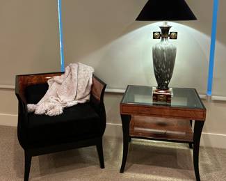 After Diaz-Azcuy "chalice" Chair featuring lacquered rosewood and black suede microfiber.