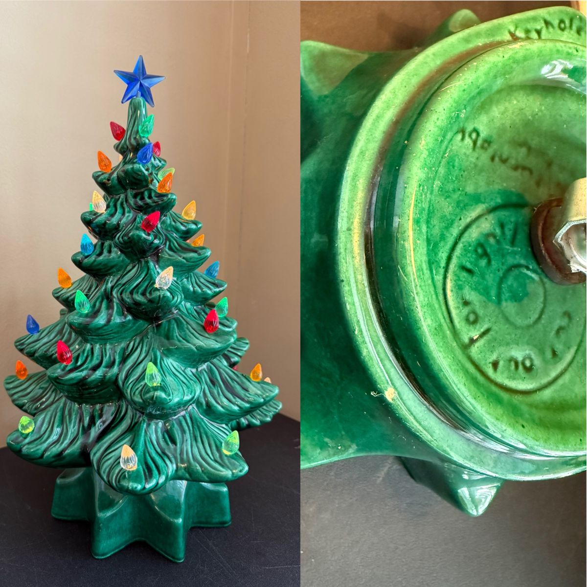 Vintage 1970’s Green Ceramic Christmas Tree with all lights & Star Topper
