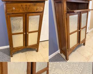 Oak wood pie safe with copper wheat patterned tin panels