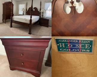 Alexander Julian Home Colours Queen size Rice Bed-4 Poster Bed, Pecan Highboy Dresser, 13 Drawer Dresser & Mirror 
Pair 2 Drawer Night Stands