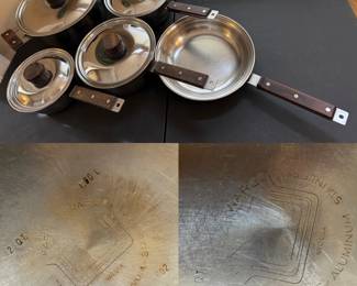 Vintage Teakwood Handled 9 pc Farberware Stainless Pots/Pans