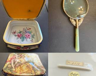 VTG Japan Andrea by Sadek Porcelain Music/ Trinket Box w/Renaissance Couple 
Vintage Silver Asian Hand Mirror w/ Jade Handle Ornate Detail