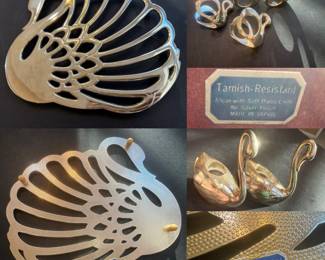 William Rogers Silver plate-swan trivet, set of 4  Silver Plate Metal Swan Napkin Holder Rings, Swan  Candlestick Holders Made in Japan