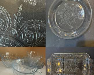 vintage Fire-King Sapphire Blue Philbe Pie Plate, elaborate embossed pattern by Anchor Hocking in the late 1930s to 40’s  
Vintage Fire King Sapphire Blue Bubble Cups & Saucers
Princess House Fantasia Rectangular 3 Part Relish Tray Clear Floral Embossed
