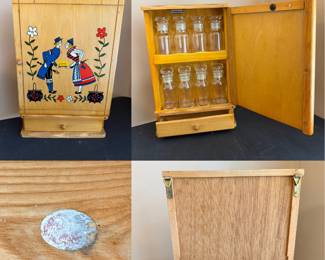 , vintage wooden spice cabinet rack, 1950s-1980s, featuring a traditional Dutch-style painted design on the front door