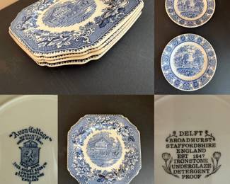 2 vintage Broadhurst Staffordshire Delftware blue and white ironstone plate with a farm scenery pattern bread plates