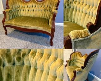 Victorian-style tufted settee, mahogany wood frame w/ green velvet upholstery