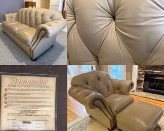 Thomasville Off White tufted leather Chesterfield sofa,  Arm Chair & Ottoman with nailhead trim.