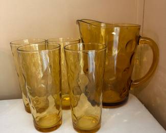 Vintage Hazel Atlas amber glass 5 pc beverage set Thumbprint