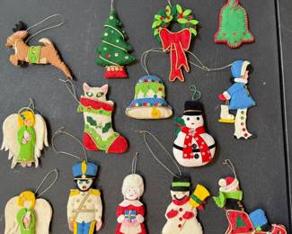 Vintage  Cut Stitch and Stuff Christmas Ornaments 1970s Printed Felt Handmade