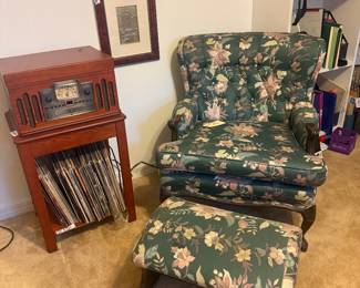 Tufted back floral chair, Crossley Turntable combo, vintage Vinyl 