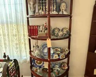 Pair of Demilune Etageres, Lladro, Italian Desimone Pottery , books and more. 