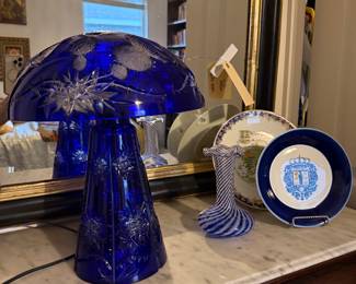 Bohemian Cobalt Mushroom Lamp with Thistle Design 