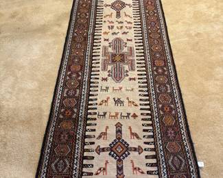 2'10" by 14' amazing  flat weave wool runner with embroidered details including animals and crosses
Professionally cleaned 