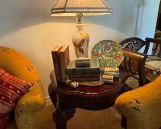  pair of mahogany end tables with inset beveled glass tops, satin glass lamp