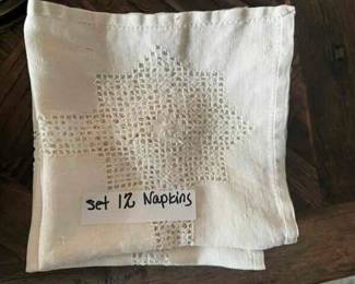 set 12 antique linen napkins with inset crochet  star  