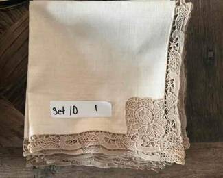 set 10 ecru linen napkins with embroidered lace trim