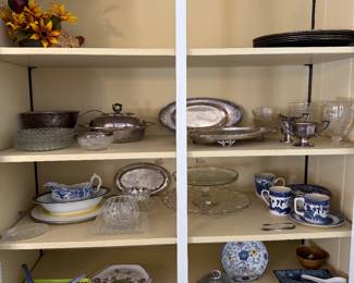 Dining Room 
Silverplate serving pieces 
Blue/white pieces 