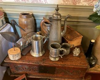 Variety of Americana decor and decorative pieces, set upon an antique Bible box