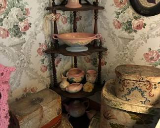 Selection of antique bandboxes and Hull pottery