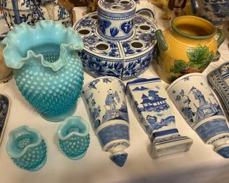 Chinoiserie and Fenton blue hobnail glass vases