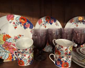 Imperial Leaf China set and Libbey Gibraltar amethyst footed goblets