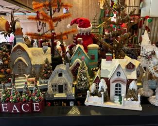 Christmas paper village houses and bottlebrush trees