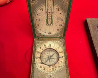Antique wooden pocket diptych sundial and compass