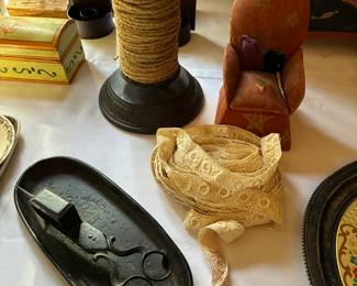 Antique/ vintage sewing items- cast iron twine holder, antique scissors, armchair-shaped pin cushion, antique lace