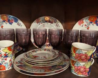 Imperial Leaf China set and Libbey Gibraltar amethyst footed goblets