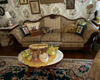 Victorian style carved wood sofa with marble top coffee table and end tables
