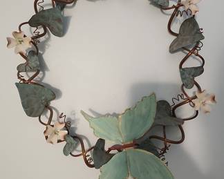 Metal Butterfly and Floral Wreath with Verdigris Patina