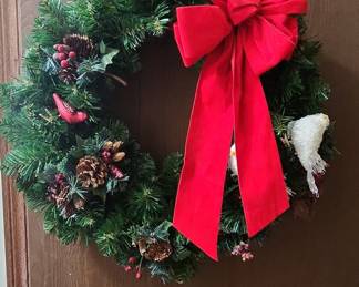 Artificial Christmas Wreath with Red Velvet Bow, Pinecones, Berries, and Birds
