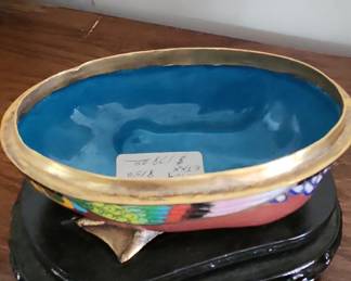 Antique Chinese Cloisonné Enamel Duck Trinket Box with Wooden Stand