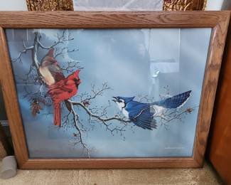 Cardinal and Blue Jay Winter Scene Print by Lisa Anne Dew-Cross