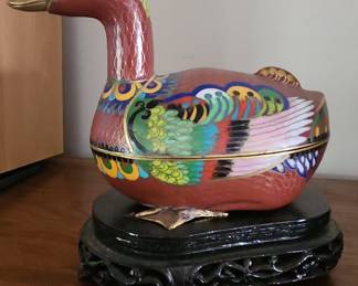 Antique Chinese Cloisonné Enamel Duck Trinket Box with Wooden Stand