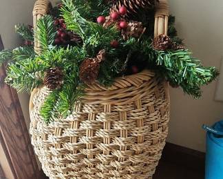 Wicker Christmas Basket with Pinecones, Faux Evergreen, and Berries