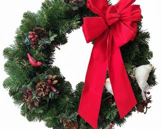 Artificial Christmas Wreath with Red Velvet Bow, Pinecones, Berries, and Birds