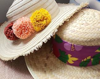 Set of Two Decorative Straw Sun Hats with Pom-Poms and Floral Band