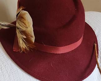 Vintage Lancaster Burgundy 100% Wool Hat with Feather Accent