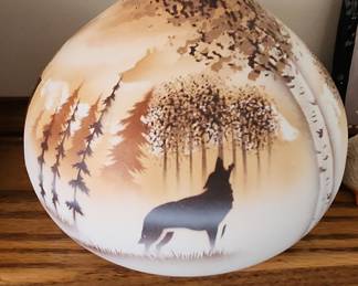 Signed Airbrushed Ceramic Vase with Wolf and Forest Scene