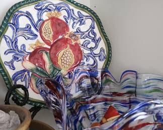 Fitz and Floyd Florentine Fruit Pomegranate Plate and Swirl Glass Bowl